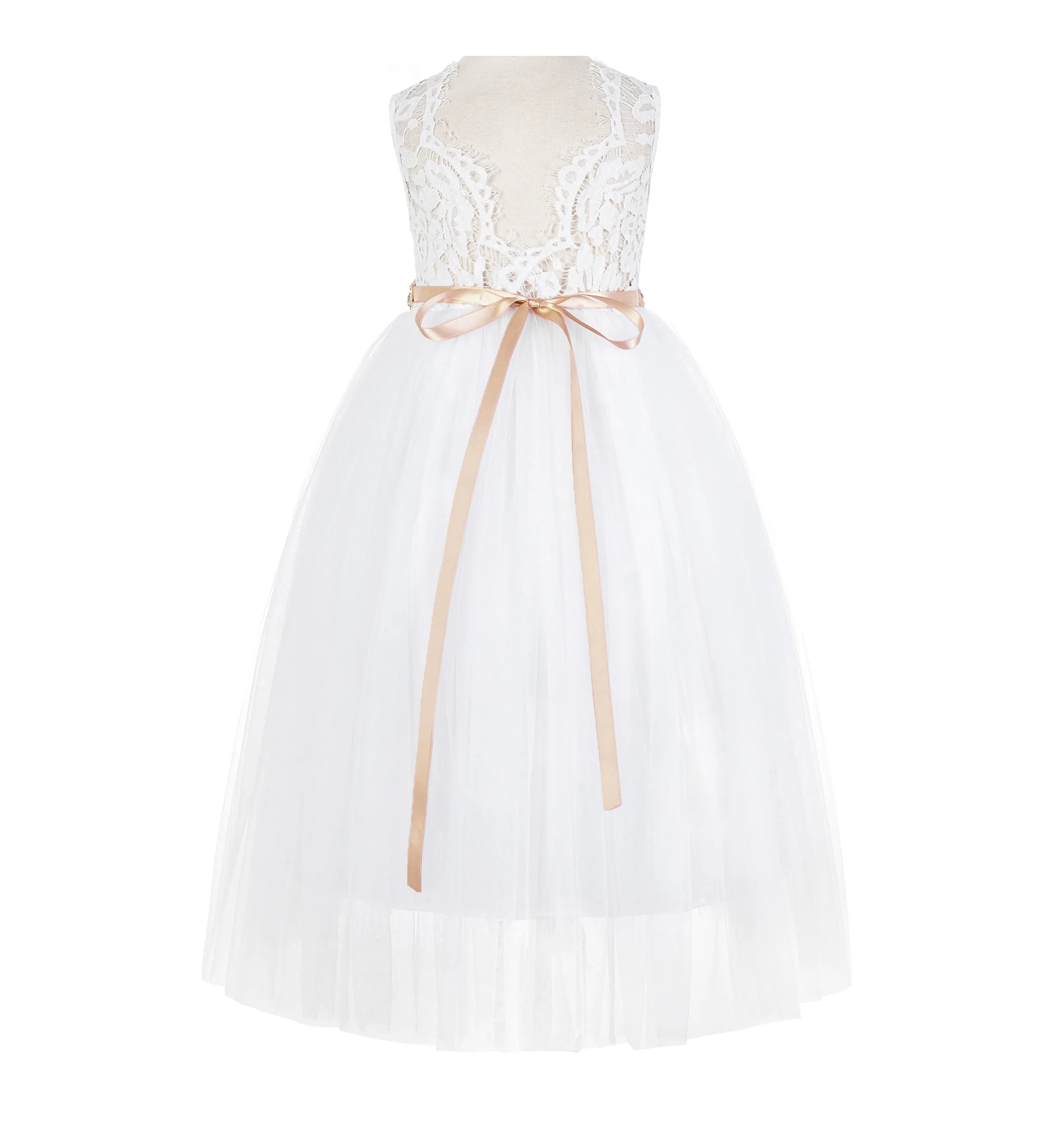 Scalloped V-Back Lace A-Line Flower Girl Dress Events Birthday Party Recital Graduation Ceremony 207R2