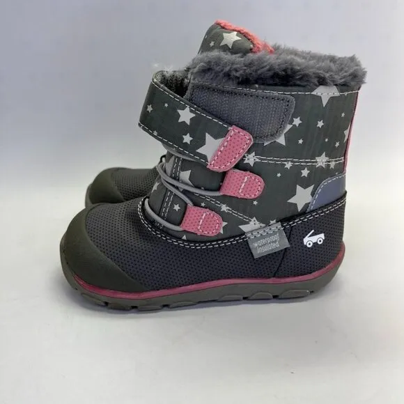 See Kai Run Gilman Waterproof Insulated Girl's Boot Size 8 Gray Pink Stars