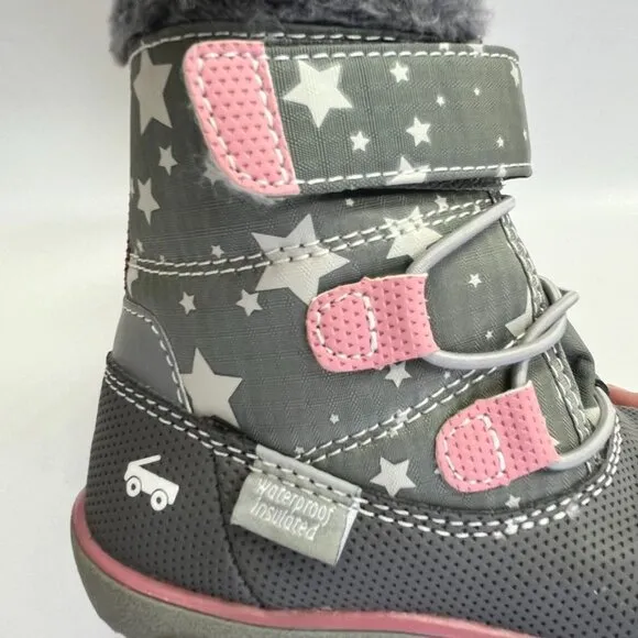 See Kai Run Gilman Waterproof Insulated Girl's Boot Size 8 Gray Pink Stars