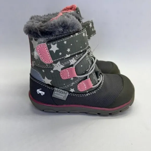 See Kai Run Gilman Waterproof Insulated Girl's Boot Size 8 Gray Pink Stars