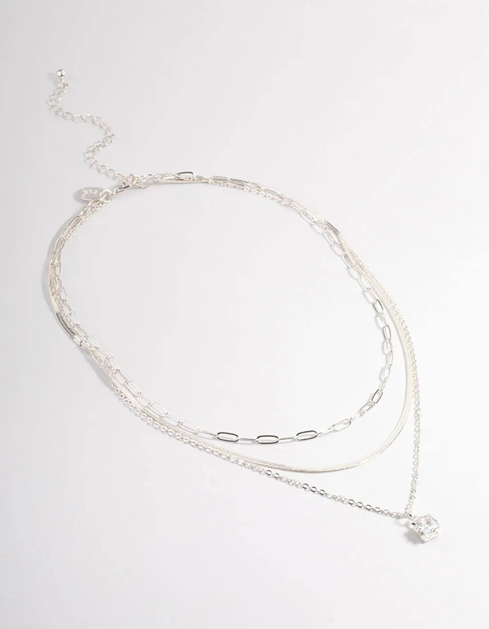 Silver Plated Square Cubic Zirconia Drop Chain Necklace