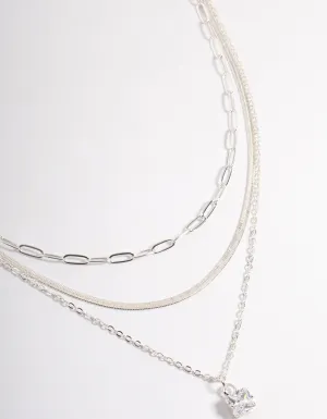 Silver Plated Square Cubic Zirconia Drop Chain Necklace