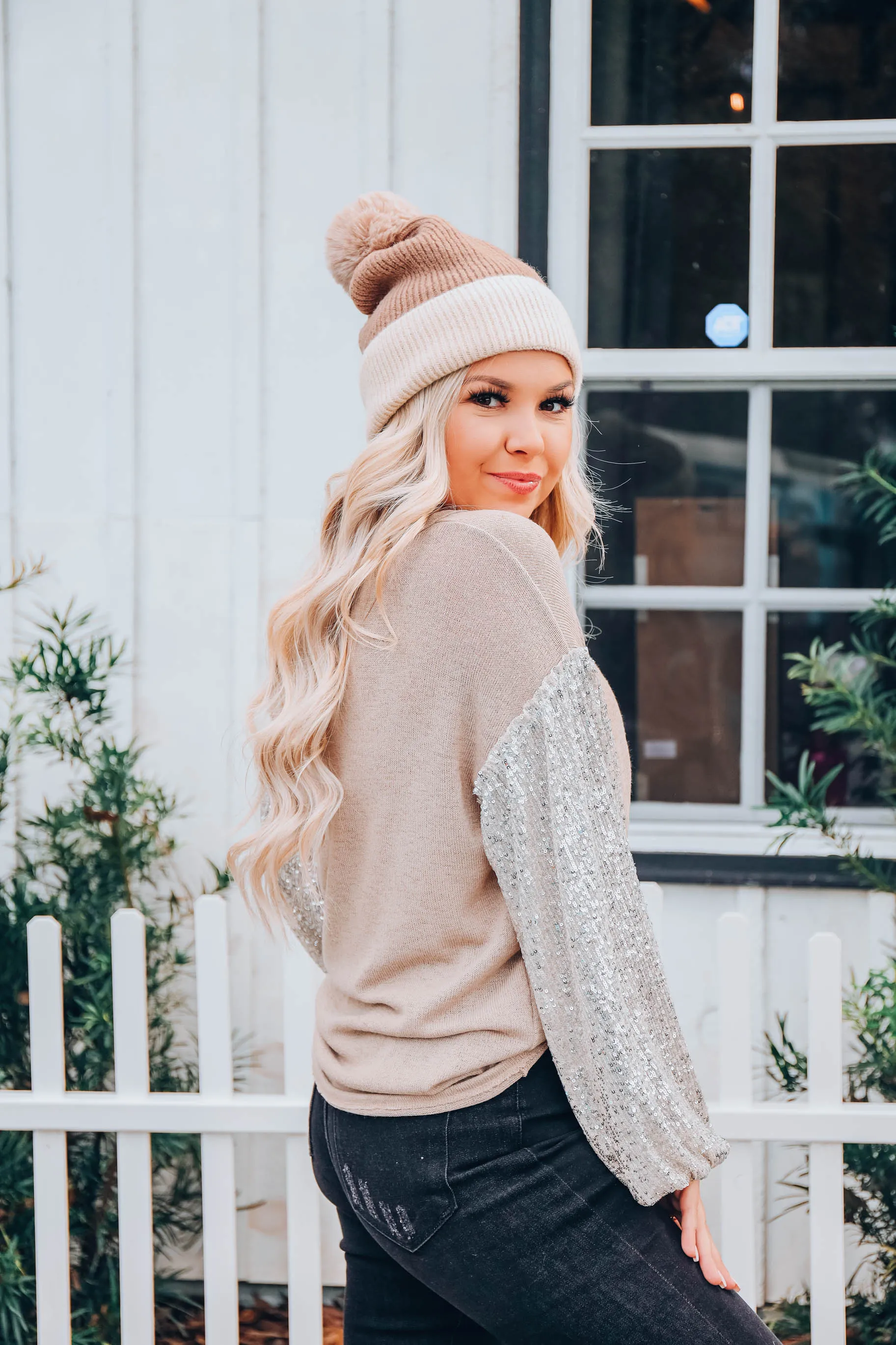Silver Shimmer Bubble Sleeve Top - Taupe