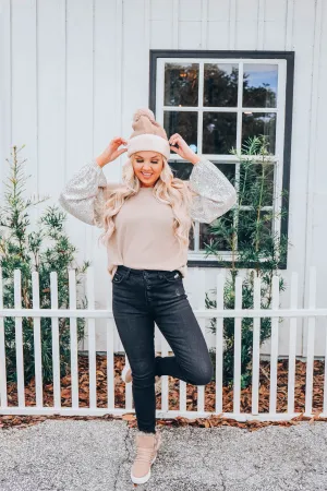 Silver Shimmer Bubble Sleeve Top - Taupe