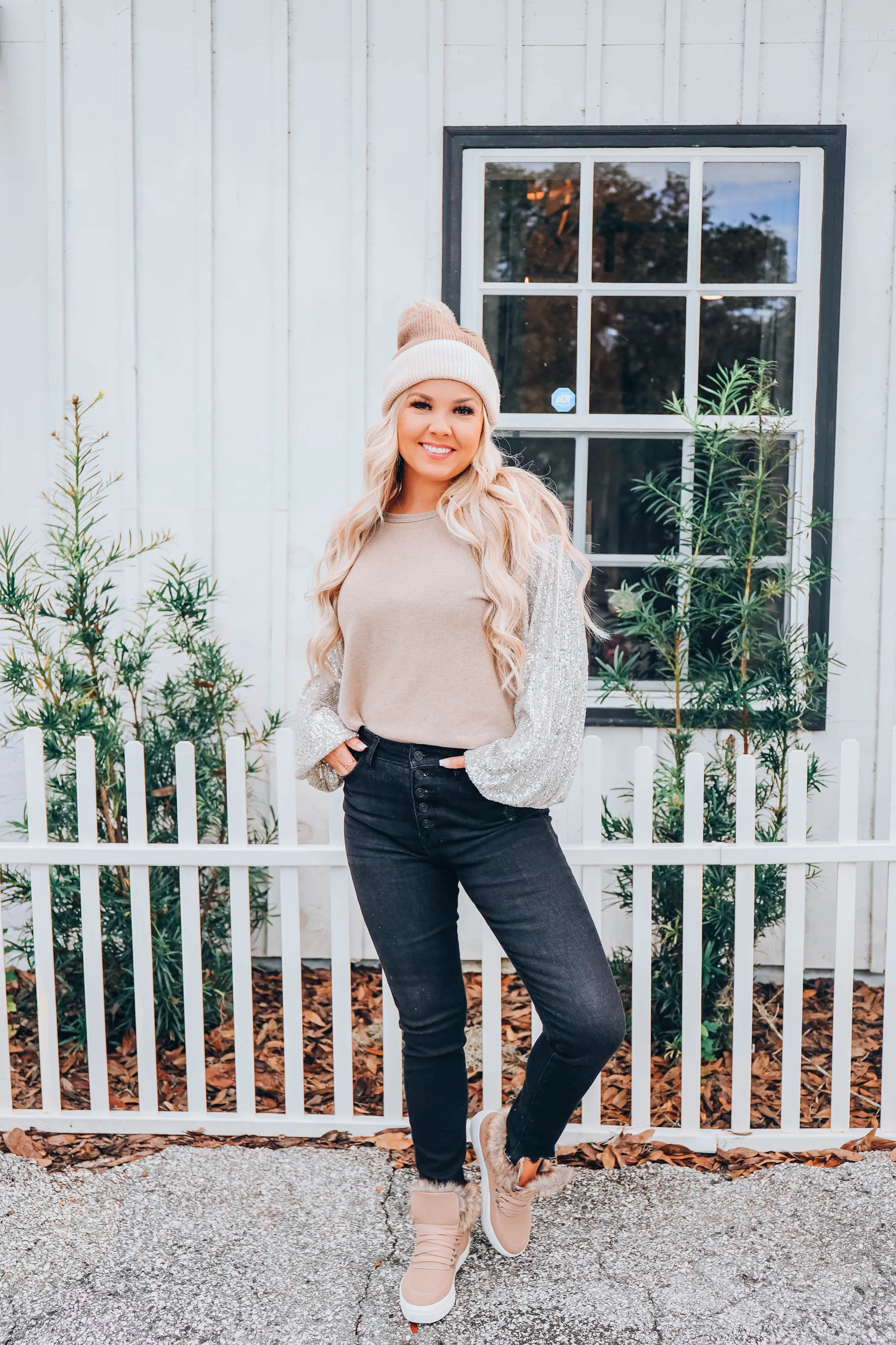 Silver Shimmer Bubble Sleeve Top - Taupe