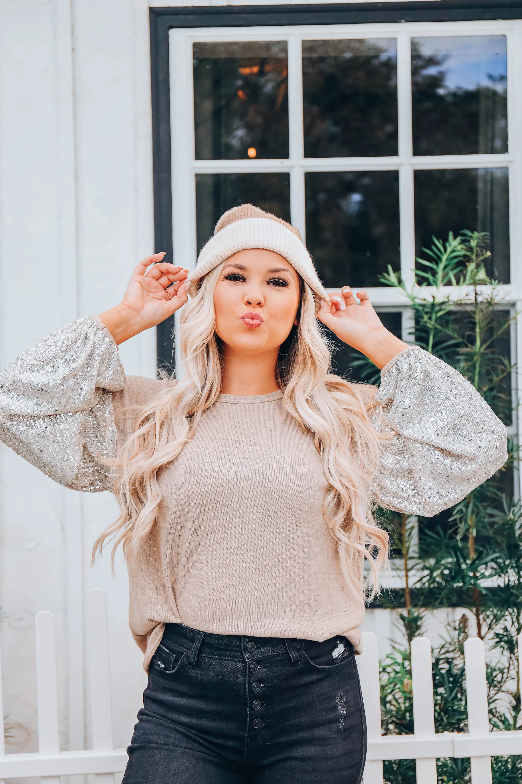 Silver Shimmer Bubble Sleeve Top - Taupe