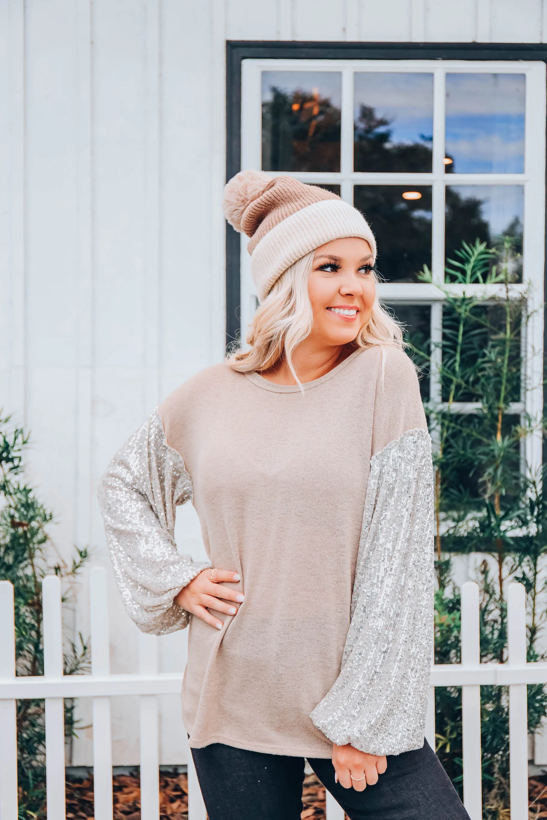Silver Shimmer Bubble Sleeve Top - Taupe