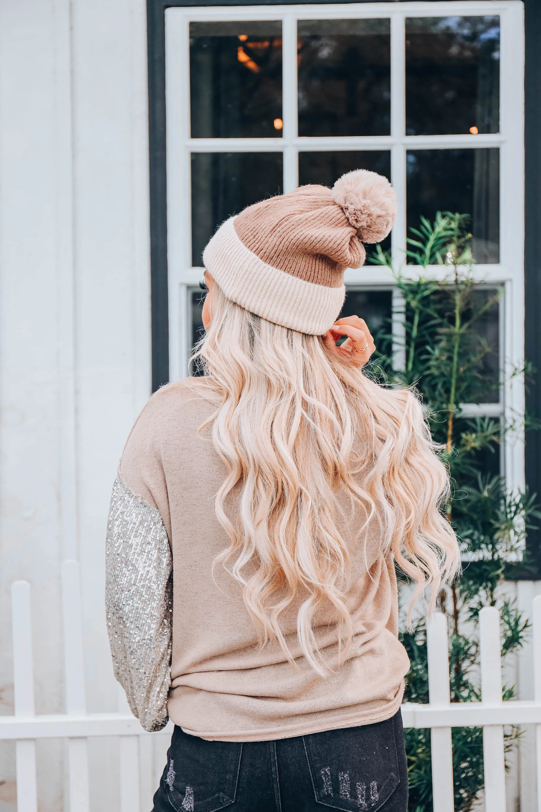 Silver Shimmer Bubble Sleeve Top - Taupe