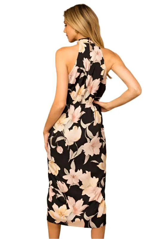 Sleeveless Halter Neck Front Shirring Midi Dress
