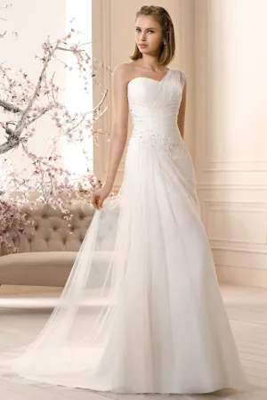 Sleeveless Long One-Shoulder Ruched Tulle Wedding Dress With Appliques-MK_705932