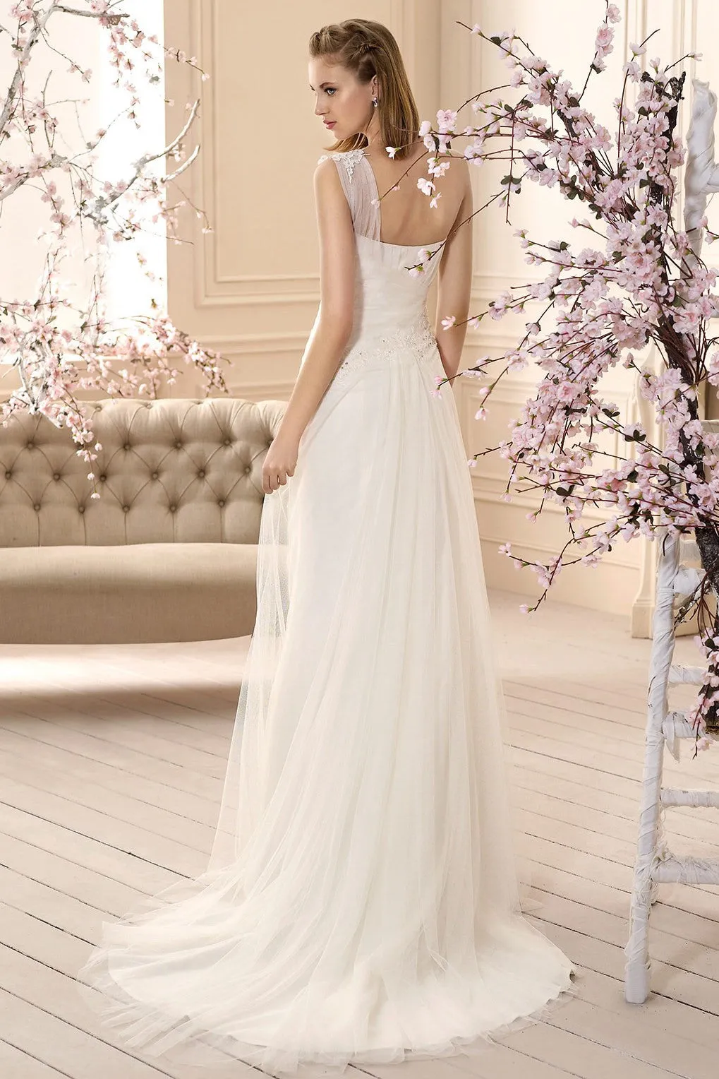 Sleeveless Long One-Shoulder Ruched Tulle Wedding Dress With Appliques-MK_705932