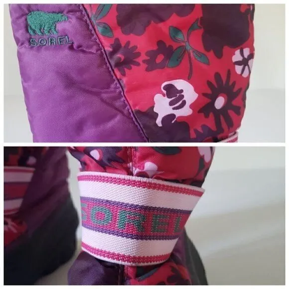 SOREL Cub Pink and Purple Floral Waterproof Insulated Winter Snow Boot Sz 5