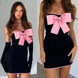 Tigermist- Black Strapless Mini Dress with Pink Bow Size Large NO GLOVES