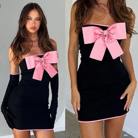 Tigermist- Black Strapless Mini Dress with Pink Bow Size Large NO GLOVES