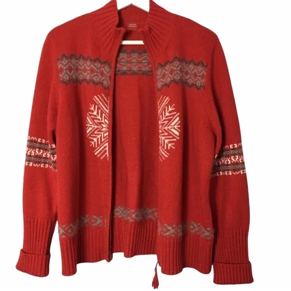 Valerie Stevens Wool Snowflake Red Fair Isle Zip Up Snow/Ski Sweater Jacket L