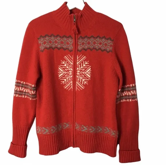 Valerie Stevens Wool Snowflake Red Fair Isle Zip Up Snow/Ski Sweater Jacket L