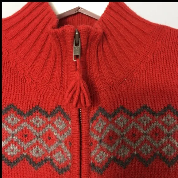 Valerie Stevens Wool Snowflake Red Fair Isle Zip Up Snow/Ski Sweater Jacket L