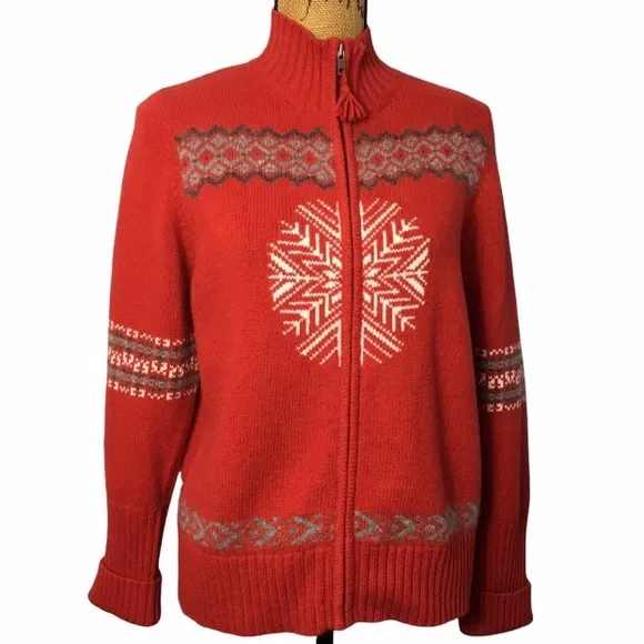 Valerie Stevens Wool Snowflake Red Fair Isle Zip Up Snow/Ski Sweater Jacket L