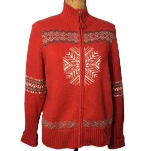 Valerie Stevens Wool Snowflake Red Fair Isle Zip Up Snow/Ski Sweater Jacket L