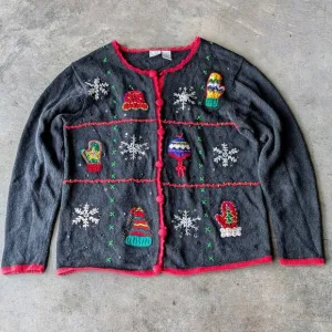 Vintage Cherokee Black Knit Mitten Snowflake Christmas Holiday Winter Sweater