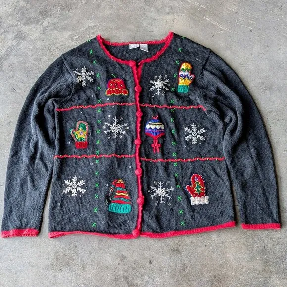 Vintage Cherokee Black Knit Mitten Snowflake Christmas Holiday Winter Sweater