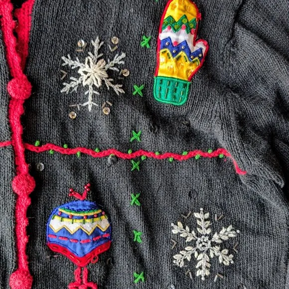 Vintage Cherokee Black Knit Mitten Snowflake Christmas Holiday Winter Sweater