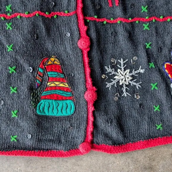 Vintage Cherokee Black Knit Mitten Snowflake Christmas Holiday Winter Sweater