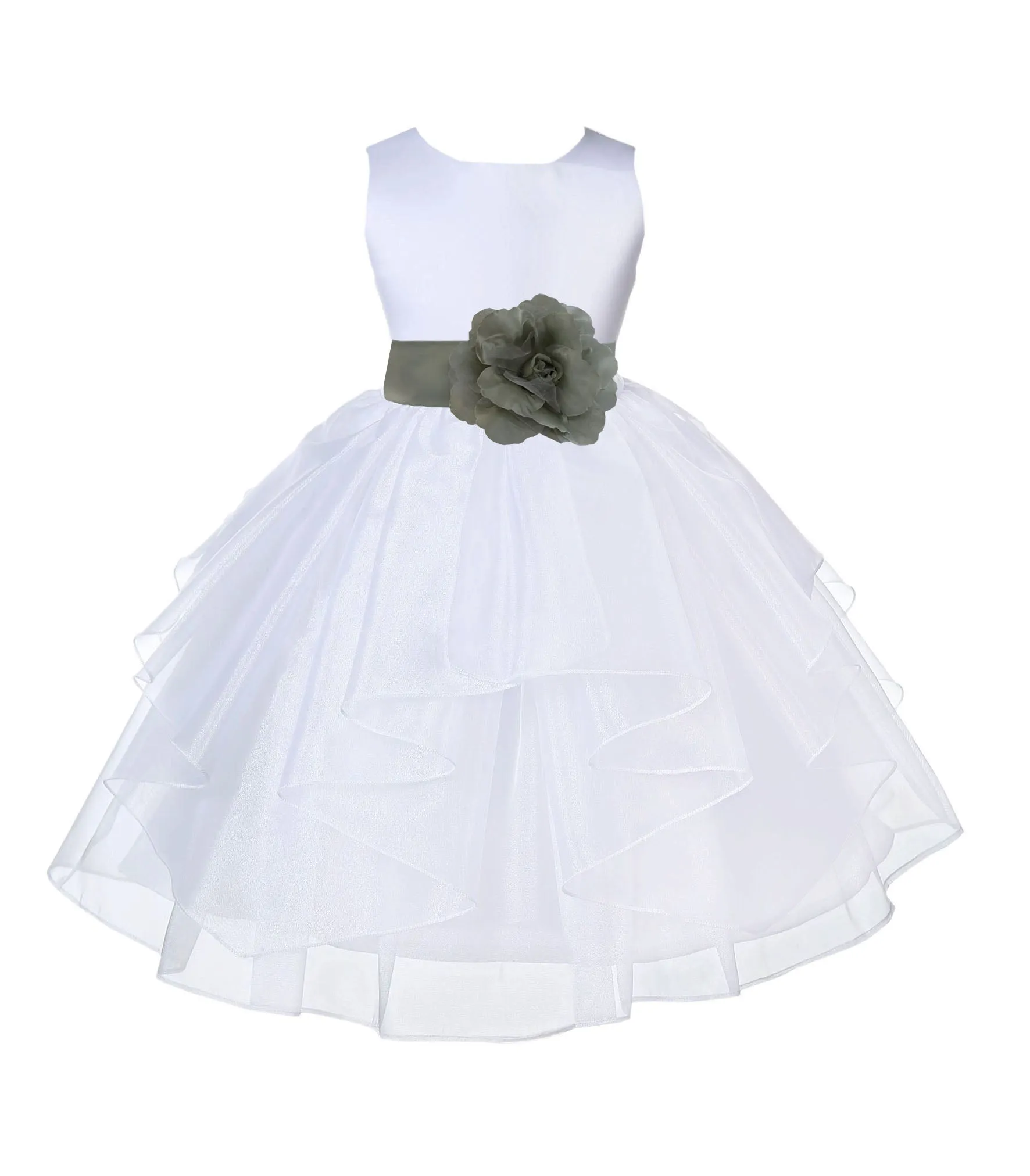 White Satin Shimmering Organza Flower Girl Dress Junior Formal Pageant Baptism Christening 4613T(4)