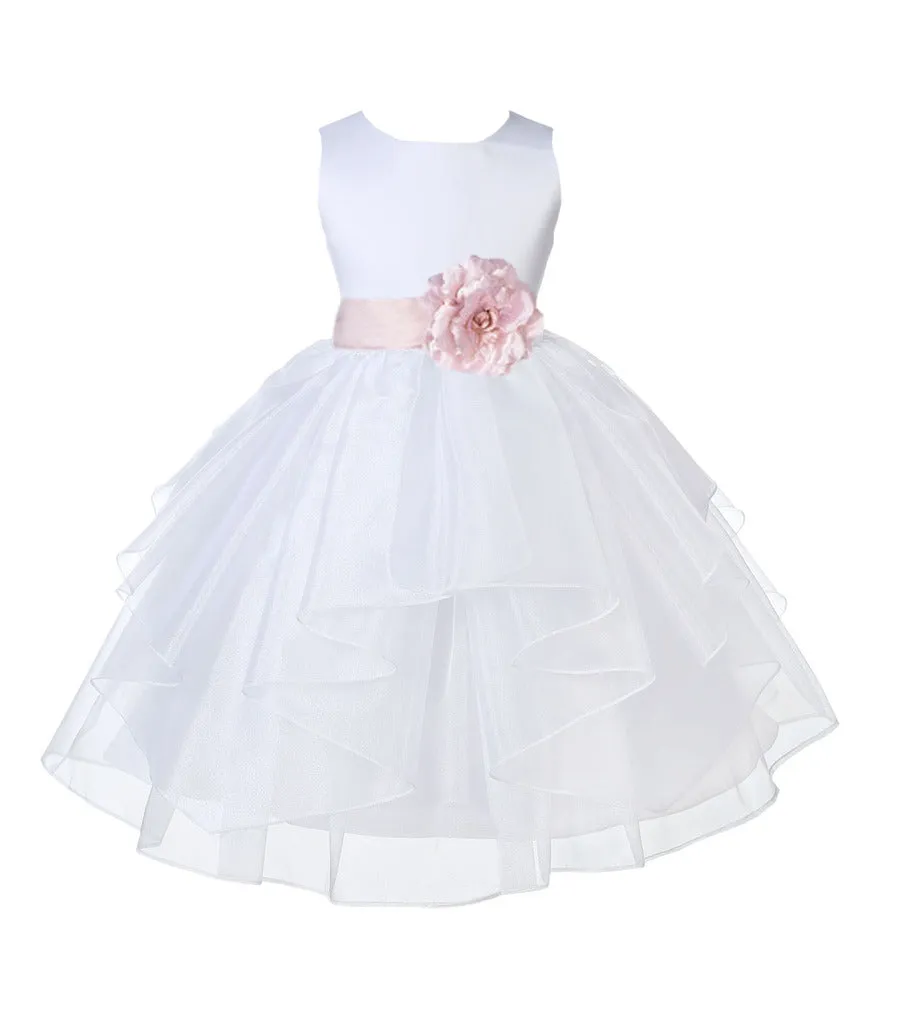 White Satin Shimmering Organza Flower Girl Dress Junior Formal Pageant Baptism Christening 4613T(4)
