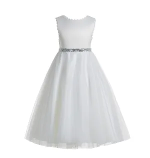 White V-Back Lace Edge Junior Flower Girl Dress Holy Baptism First Communion Christening Dresses 183